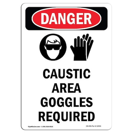 OSHA Danger Sign, Caustic Area Goggles Required, 14in X 10in Rigid Plastic